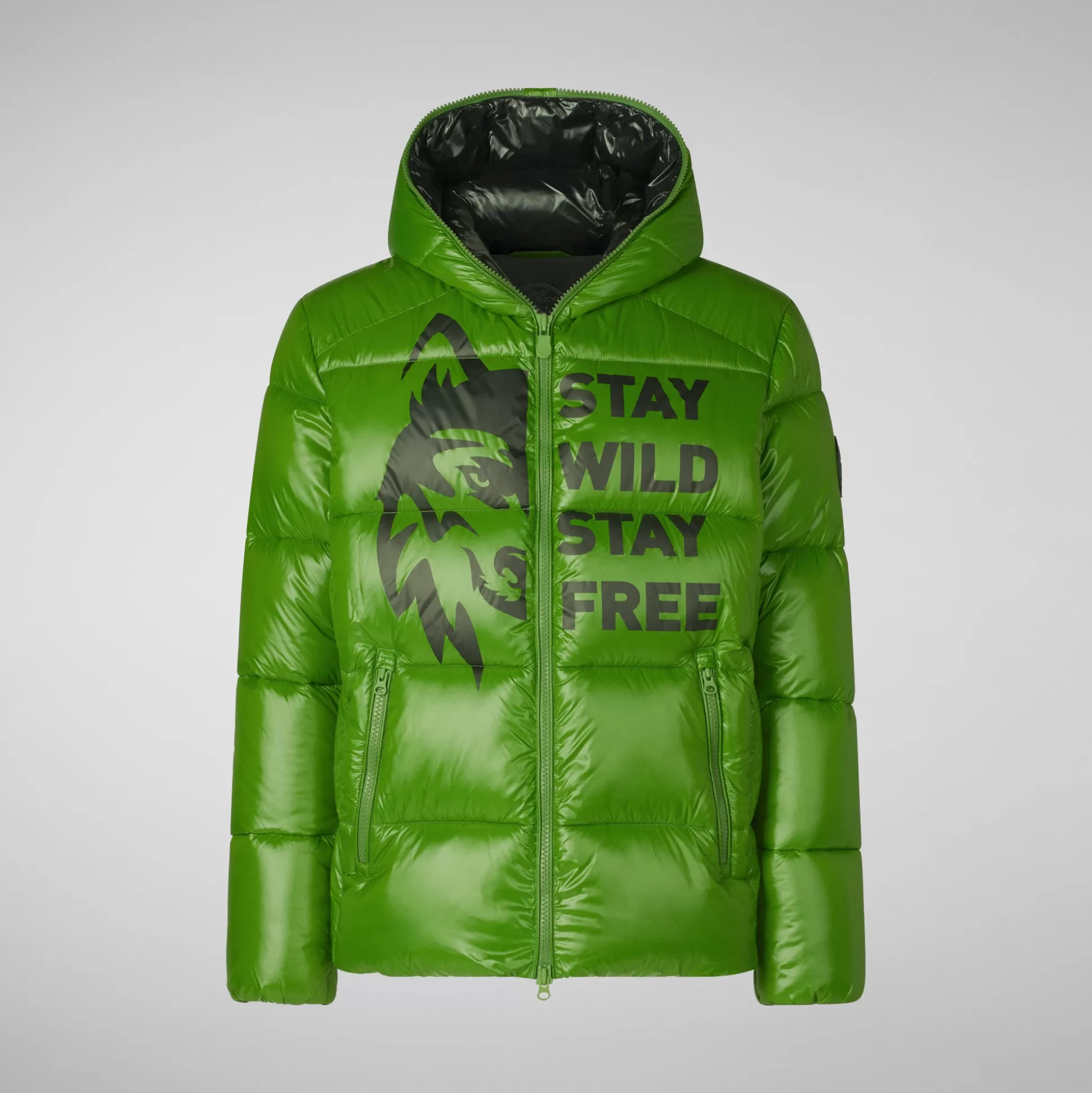 Store Animal-free Herren-steppjacke Evander Mit Kapuze In Grass Green Wolf Print Herren Animal-Free Steppjacken